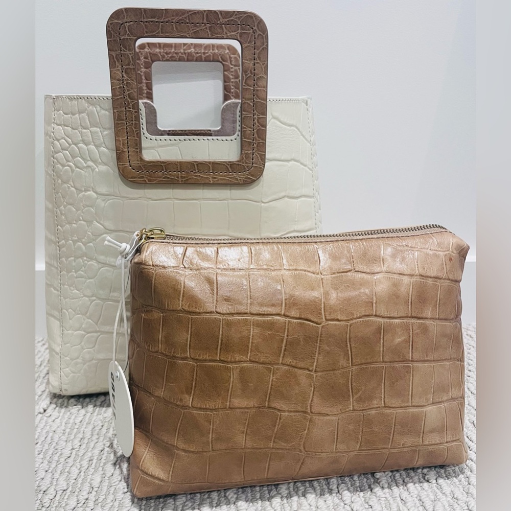 STAUD Shirley Cream and Camel Croc-Embossed Leather Tote and Clutch NWT
